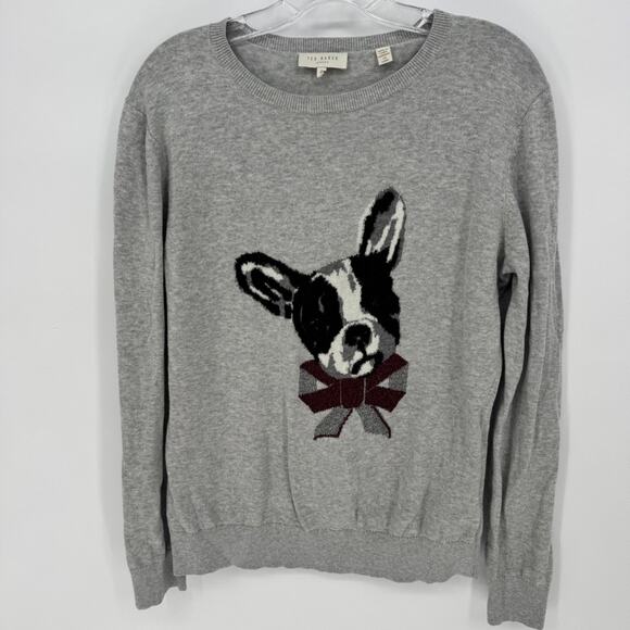 Ted Baker London Grey French Bulldog Bow Knit Crewneck Sweater Women Size 4 - Picture 2 of 7
